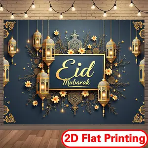 Eid Mubarak 2D Flat Printing Polyester Backdrop Banner for Valentine’s Day Parties & Romantic Decor with Golden Lanterns Floral Design