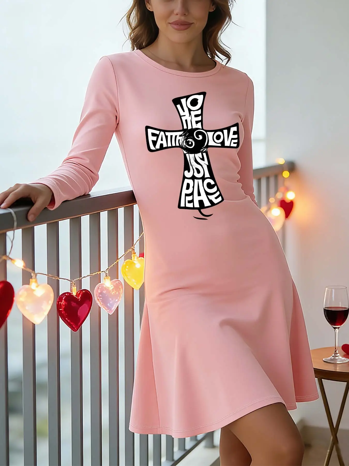 Women's Casual Round Neck Long Sleeve Dress, Prayer & Cross Print, Milk Silk Fabric, Fashionable Midi Dress for All Seasons