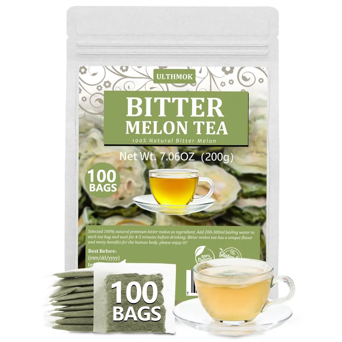 100 Bitter Melon Tea Bags Made with Natural Bitter Melon No Additives & Caffeine Free & No Sugar Added 7.06oz 200g