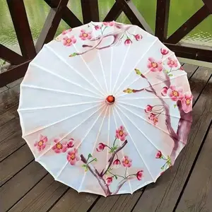 Chinese Floral Sunshade Umbrella, Silk Fabric UV Protection, Rainproof Straight Handle, Sakura Pattern Bamboo Umbrella for Weddings, Parties, School, Office, Home, Travel