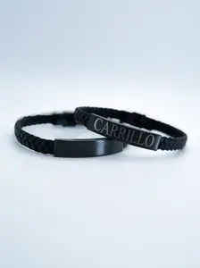 Personalized black synthetic leather bracelets with stainless steel bar for men.