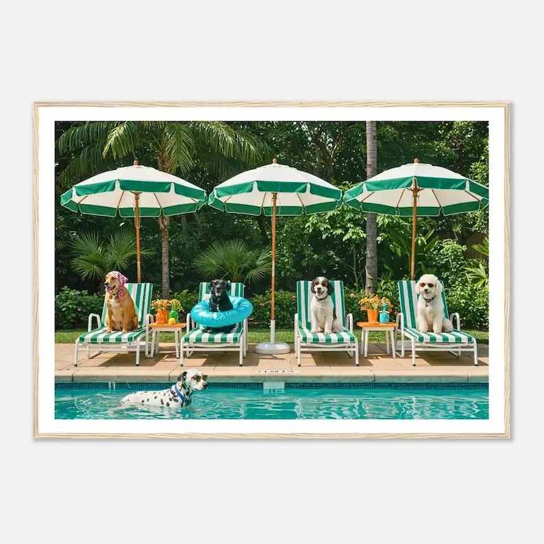 Fine Art Dogs By Pool Print - Retro Poolside Dogs Wall Art - Luxury Beach House Decor Framed Photography Print - Tropical Wall Decor