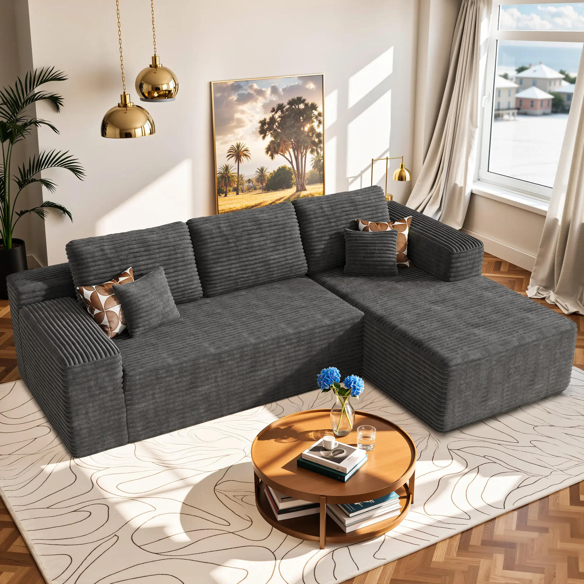 ALLWEX 106" L-Shaped Modular Sectional Sofa, Modern Cloud Couch with Deep Seat Chaise, Corduroy & Plush Fabric Upholstered Sofa, Pull Out Sleeper Couch with Foam Cushions, Fully Assembled for Living Room