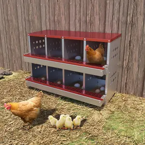 Gaomon Galvanized Steel 8-Compartment Red Chicken Nesting Boxes, Metal Laying Box with Roll-Out Egg Collection Tray, Removable Grates, Waterproof, Rustproof, Ventilation & Perch for Hens, Roll-Out Tray