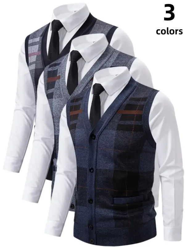 Men's Button Front Cardigan Sweater Vest Plaid Knit Waistcoat V Neck Sleeveless Check Gilet Premium Quality Soft Stretchy Warm Breathable Tailored Fit for Men Office Business School Fall Winter Daily Layering Outfits