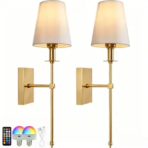 2-Pack Rechargeable Wall Lights, Gold/, Wireless, Remote Control, RGB Colors, 3 Color Temperatures, Adjustable Brightness, Living Room Bedroom