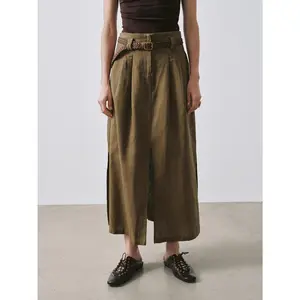 URBAN REVIVO 2026 Spring Women's Casual Minimalist Basic Linen-Cotton Long Skirt - Belt-Decorated, Pleated, Slit Bottom, Hip-Flattering, UWH560029