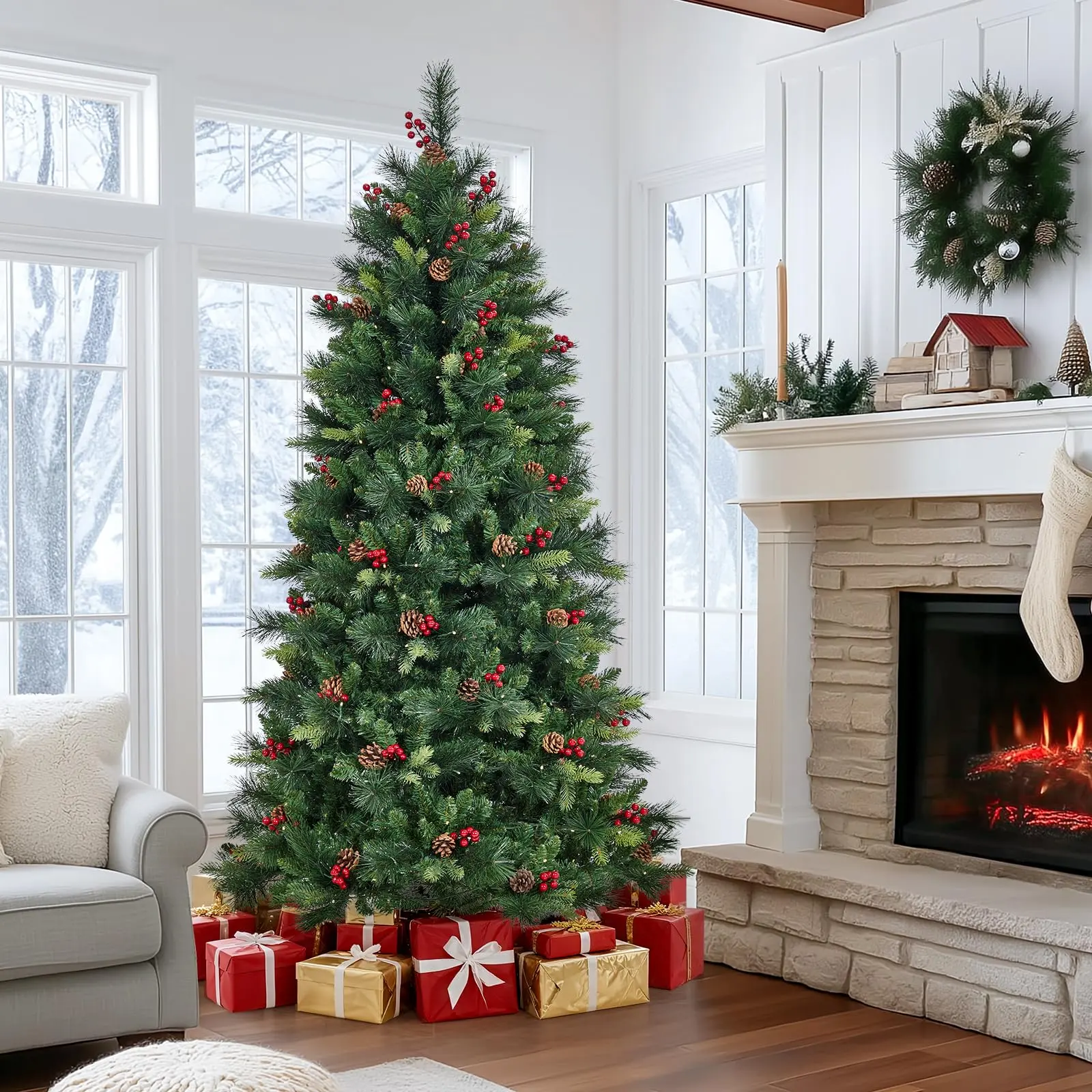 Gaomon 6FT PVC Prelit Artificial Christmas Tree - Fluffy Fraser Fir with 900 Hinged Branch Tips, Metal Multicolor Ornaments, Pine Cones, Berries, Ideal PVC Christmas Tree in Room for Indoor Holiday Decoration