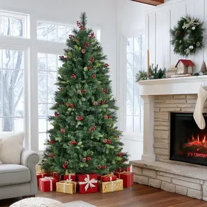 6FT Prelit Artificial Christmas Tree- Fluffy Fraser Fir with Pine Cones & Berries on Hinged 900 Branches Tips