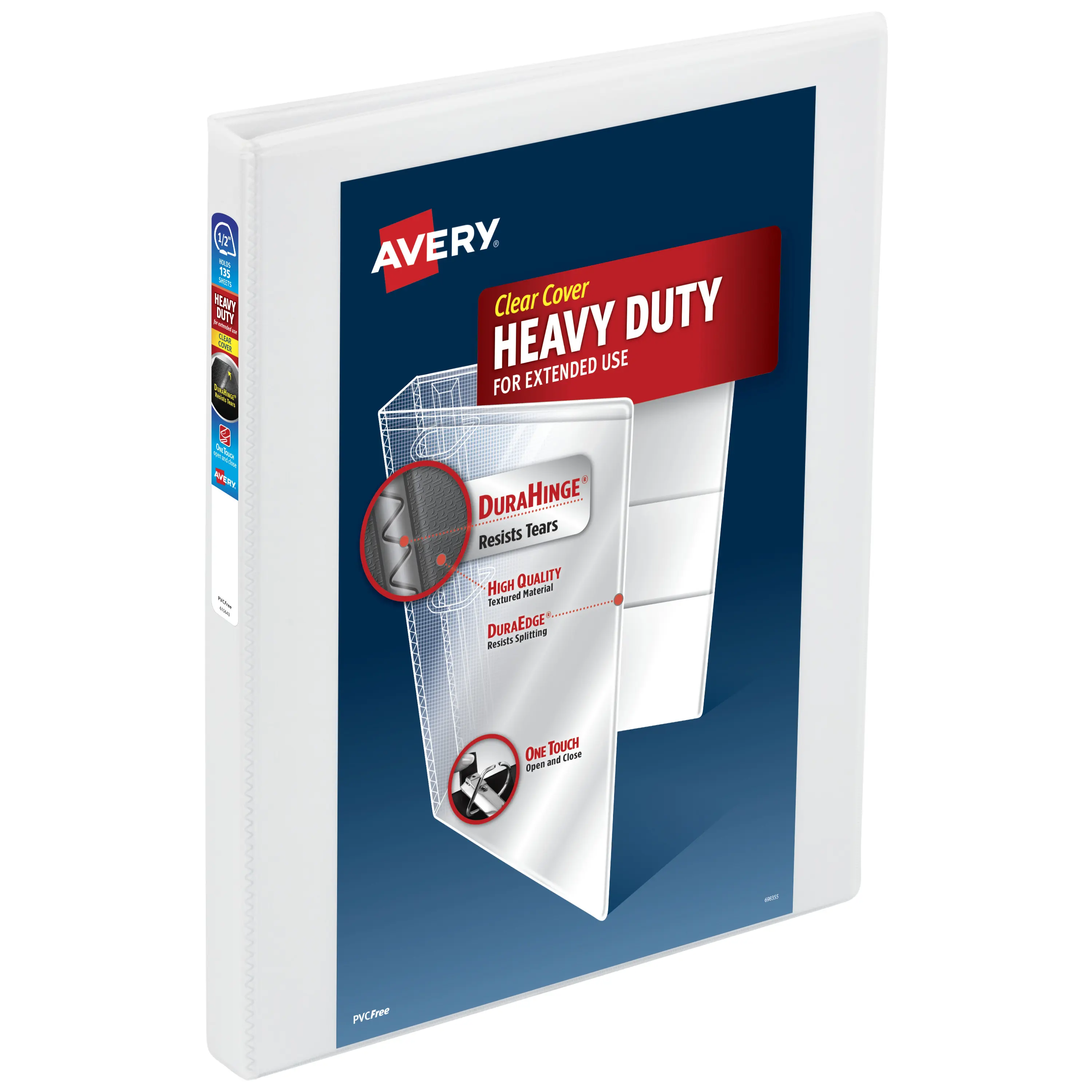 Avery Heavy-Duty View 3 Ring Binder, 0.5 Inch One Touch Slant Rings, 135-Sheet Capacity, DuraHinge, 0.7 Inch Wide Spine, Customizable Clear Cover and Spine, 1 White Binders (79380)