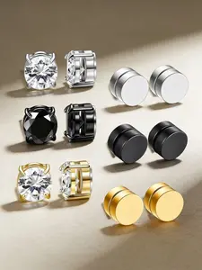 A pair of fashionable zirconium element stud earrings 6MM without ear holes, with ear clips, for casual style. Engraved zirconium magnetic earrings for men and women. Elegant jewelry accessory, suitable for trendy looks, a perfect gift for him.