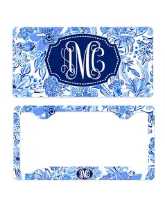 Personalized Blue Chinoiserie License Plate Frame, Monogram Car Tag, Preppy Floral License Plate, Custom Initial Car Accessories, Blue White Car Decor Gift