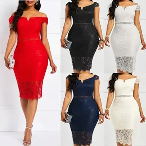 2025 New evening dress short-sleeved V-neck off-the-shoulder sexy mid-length bag hip lace dress Elegant Formal Womenswear Casual