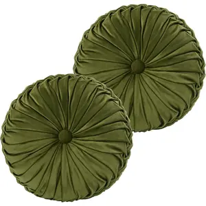 Set of 2 Decorative Round Pleated Throw Pillows, Classy Accent Pumpkin Throw Pillows with Center Button, Vintage Velvet Floor Pillows for Sofa Couch Vanity Chair Bed, Olive, 14.5" Diameter (Ripple)