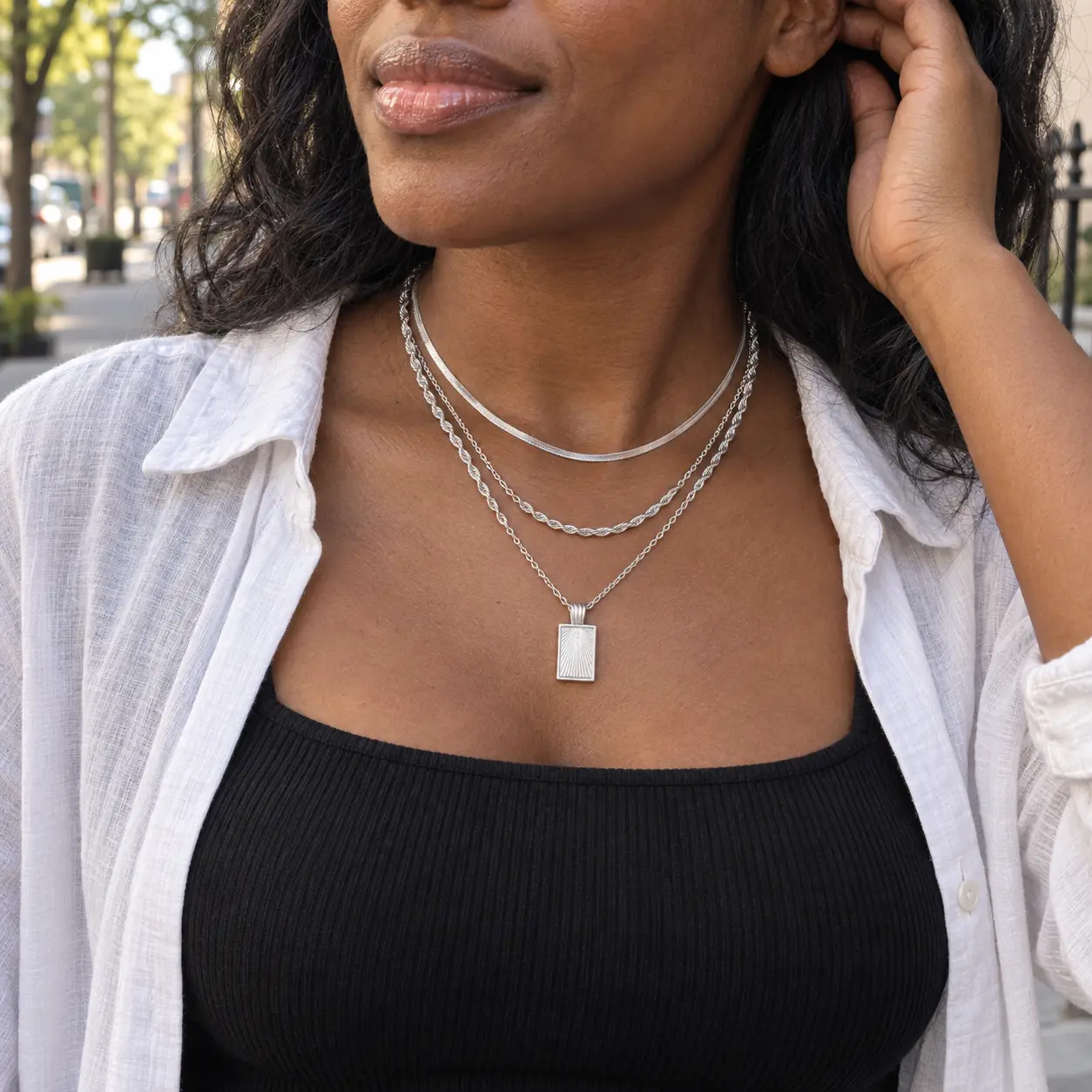 ASCOMY Women's Hypoallergenic Silver-Plated 3-Piece Stackable Necklaces Set - Dainty Herringbone, Twisted Rope, Rectangular Sunburst Tag Pendant Cable Styles - Minimalist Everyday Choker Jewelry for Women, Necklaces For Women