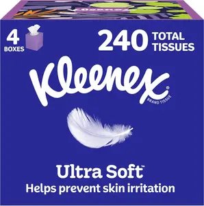 Ultra Soft Facial Tissues, 4 Cube Boxes, 60 Tissues per Box, 3-Ply (240 Total), Packaging May Vary