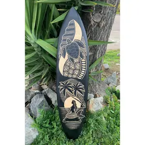 Mermaid Moonlight and Tribal Sea Turtle Decorative Surfboard Wall Plaque Mango Wood Coastal Decor 39"x 10"