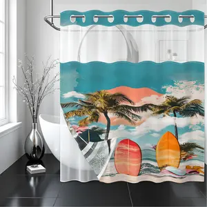 1 Pack No Hook Double Layer Shower Curtain, Tropical Surf Beach Print Bath Curtain, Machine Washable, Waterproof, Mildew Resistant, Durable Fabric, Coastal Vacation Bathroom Decor, Removable Liner, Top See-Through Window, Partition Curtain 71"×74"
