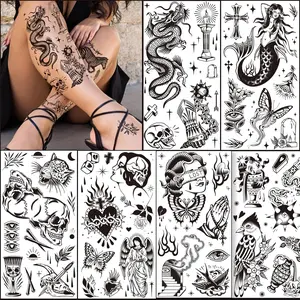 Tazimi 12 Sheets Large Black Old School Temporary Tattoos for Women Men& Adult, Traditional American Retro Styles Half Arm/DIY Free Combination Waterproof Classic Fake Tattoos Tattoo