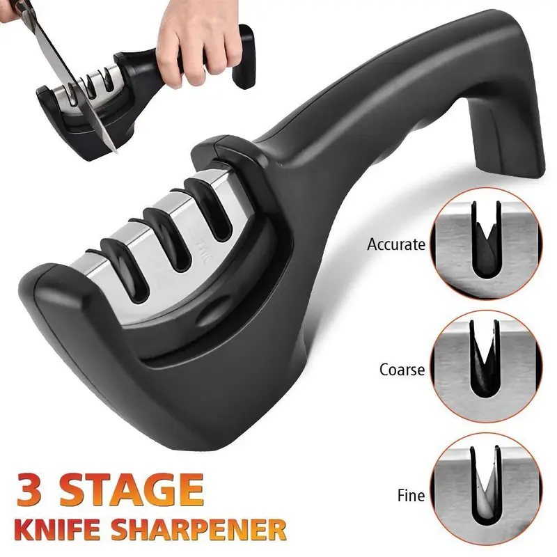 【ToolUpgrade】3-Stage Kitchen Knife Sharpener - 20x7.5cm, 3 Slots, Tungsten, Diamond, Ceramic Sharpening, ABS, Durable, Convenient to Use, Straight Edge Knife Sharpening Accessory for Home Kitchenware