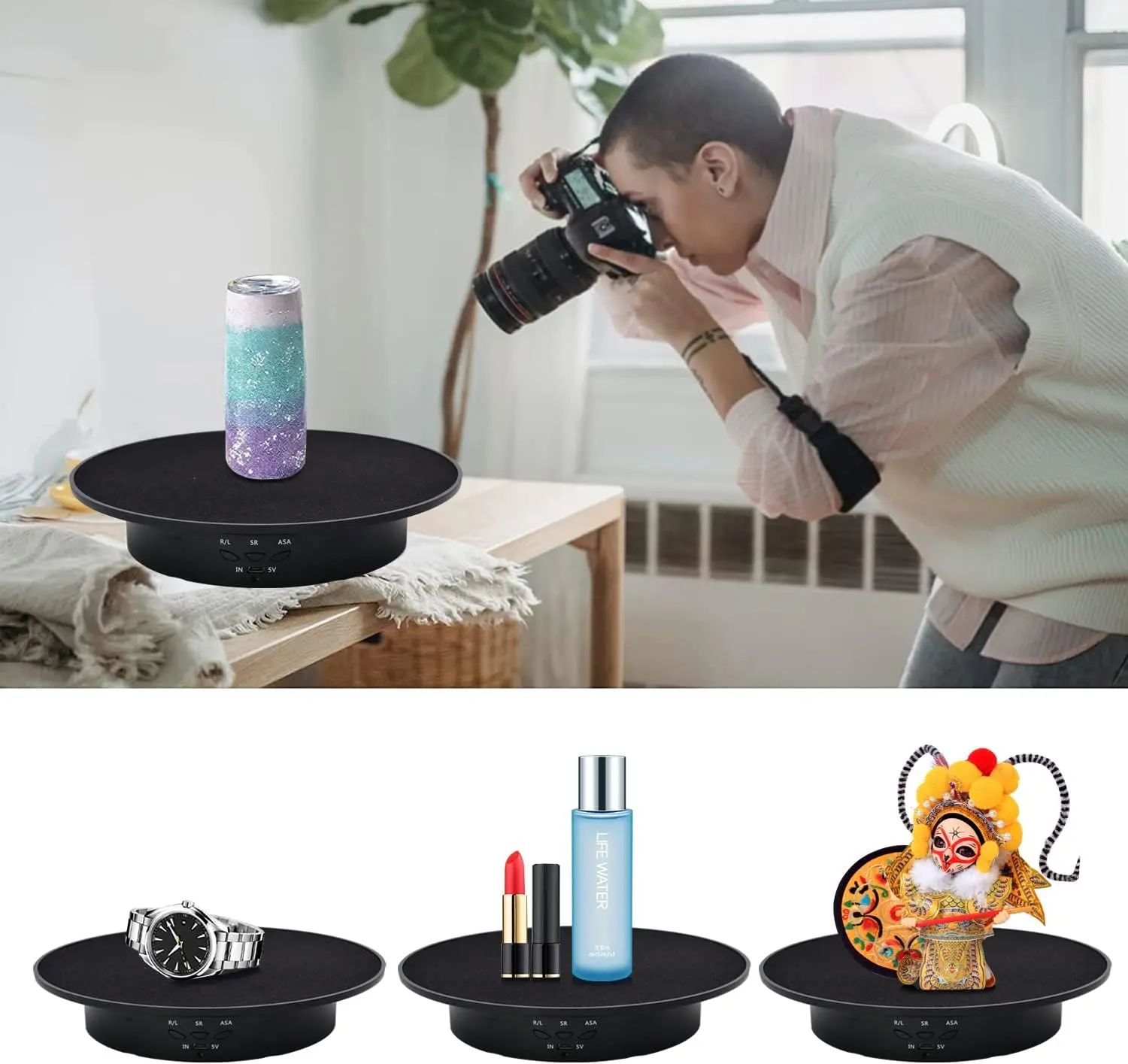 Motorized Rotating Display Stand, 7.87inch /17.6lbs Load, 360 Degree Electric Rotating Turntable for Photography Products, Jewelry, Cake,3D Model , Velvet Cover (Black/Button Control)