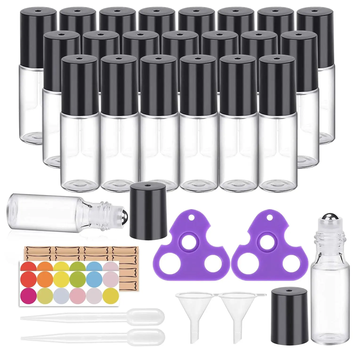 Essential Oil Roller Bottles 24 Pack 5ml Clear Glass Roller Bottles for Oils (96 Pieces Labels, 2 Opener, 4 Funnels, 4 Dropper) Roll on Bottle with Stainless Steel Roller Balls and Caps