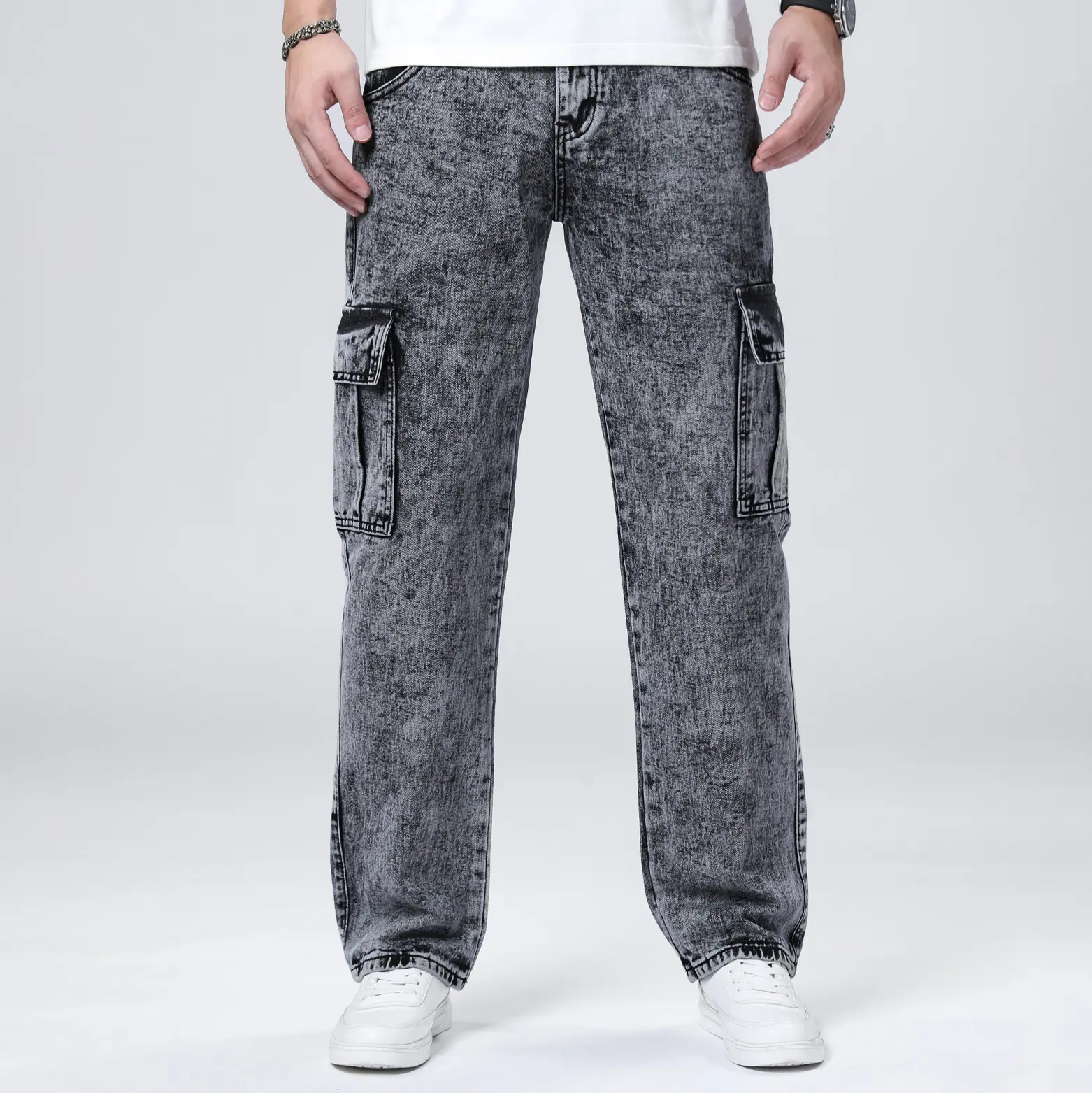 Heavily washed gray/black cargo denim pants, oversized urban grunge street trousers