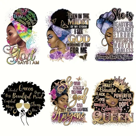 6 Pack African Women Power Iron on Patches Multicolor Inspirational Quotes Vinyl Heat Transfer Stickers for T Shirts Backpacks Hats DIY Fashion Decoration Empowering African Female Design