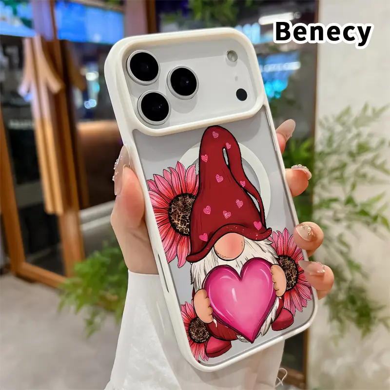 Magnetic Phone case for iPhone 17 16  Pro Max Plus 15 14 13 12 11 Air E Gnome with Heart Pattern Non-Yellowing Shockproof Soft Silicone Transparent Acrylic Cover Supports Wireless Charging