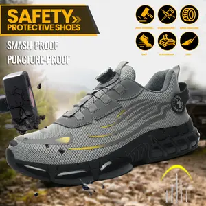 Men’s work athletic shoes — durable steel toe safety, breathable mesh upper, EVA sole, casual style, striped design, all-season comfort, summer vibe