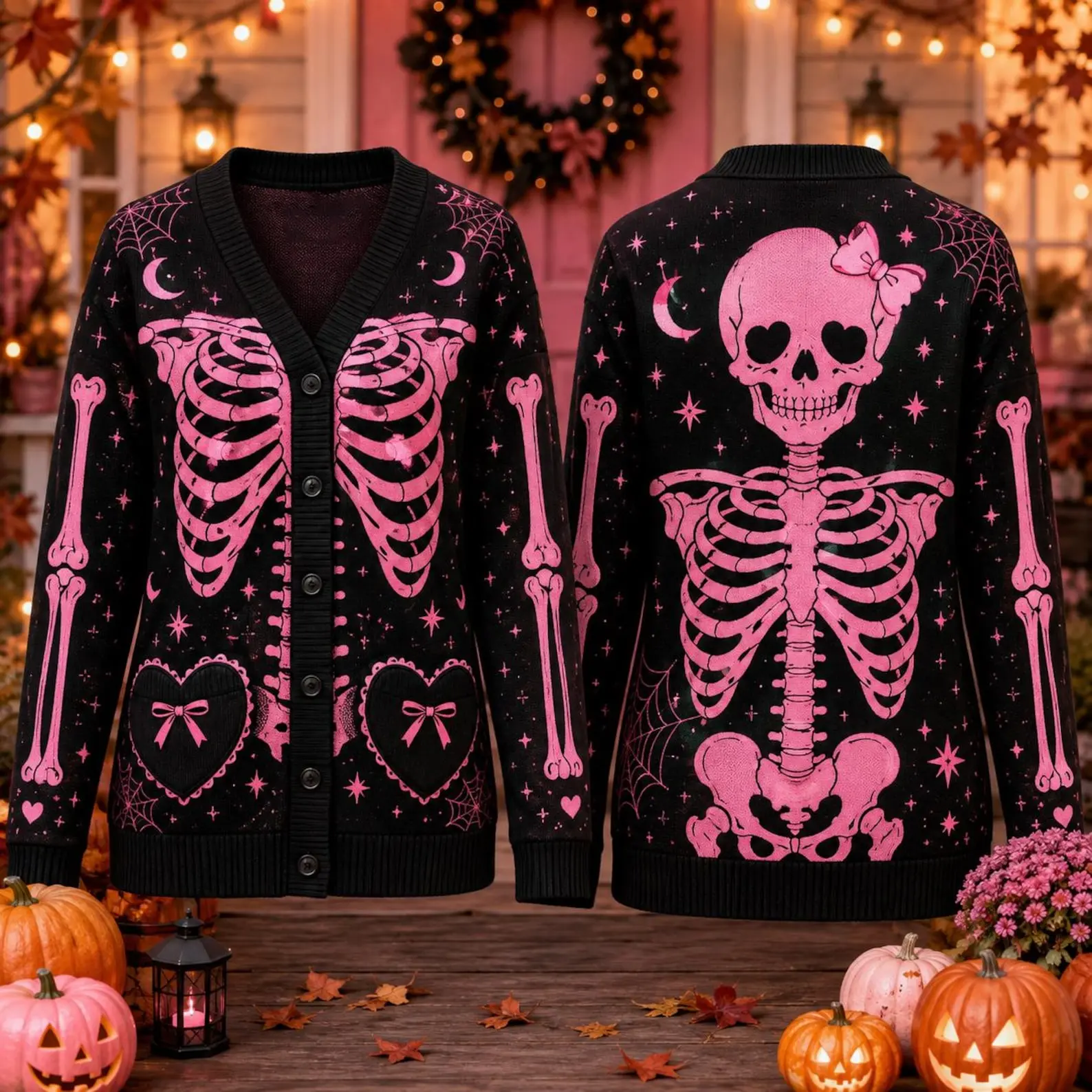 Pink Skeleton Cardigan for Women, Cute Gothic Skull Sweater, Halloween Knit Top, Cozy Fall Spooky Gift