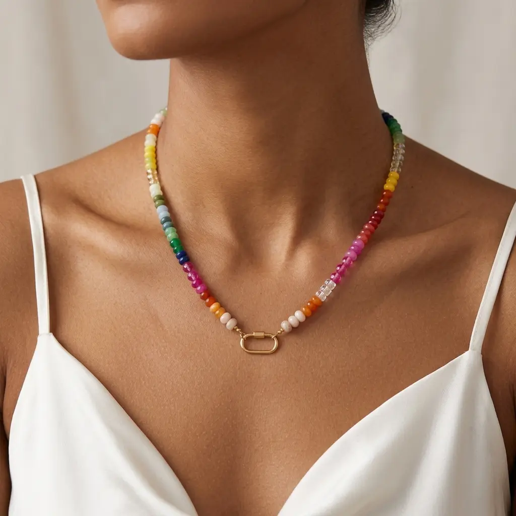 Women's Natural Rainbow Beaded Necklace, Vibrant Elegance Stainless Steel Natural Stone Multi-Color 44CM Costume Jewelry for Mix-and-Match Styling