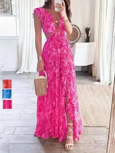 Fashionable Elegant Sleeveless Long Dress, V Neck All over Print, Slim-Fitting Split Hem, Perfect for Vacation and Daily Wear