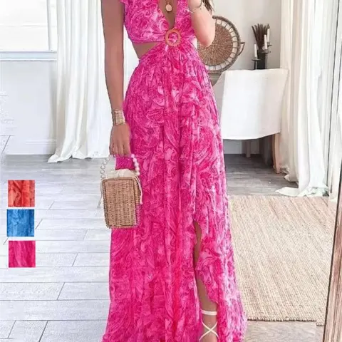 Fashionable Elegant Sleeveless Lightweight Long Dress with Ruffles, V-Neck All-Over Print, Slim-Fitting Split Hem, Perfect for Vacation and Daily Wear, Date Night Dresses