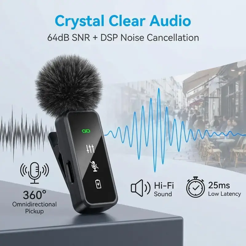 All-In-One Portable Clip Wireless Microphone, Digital PowerPercentage Display, Advanced Noise Cancellation, 12-HourRuntime Lapel Mic for Android iOS Short Video & LiveBroadcast