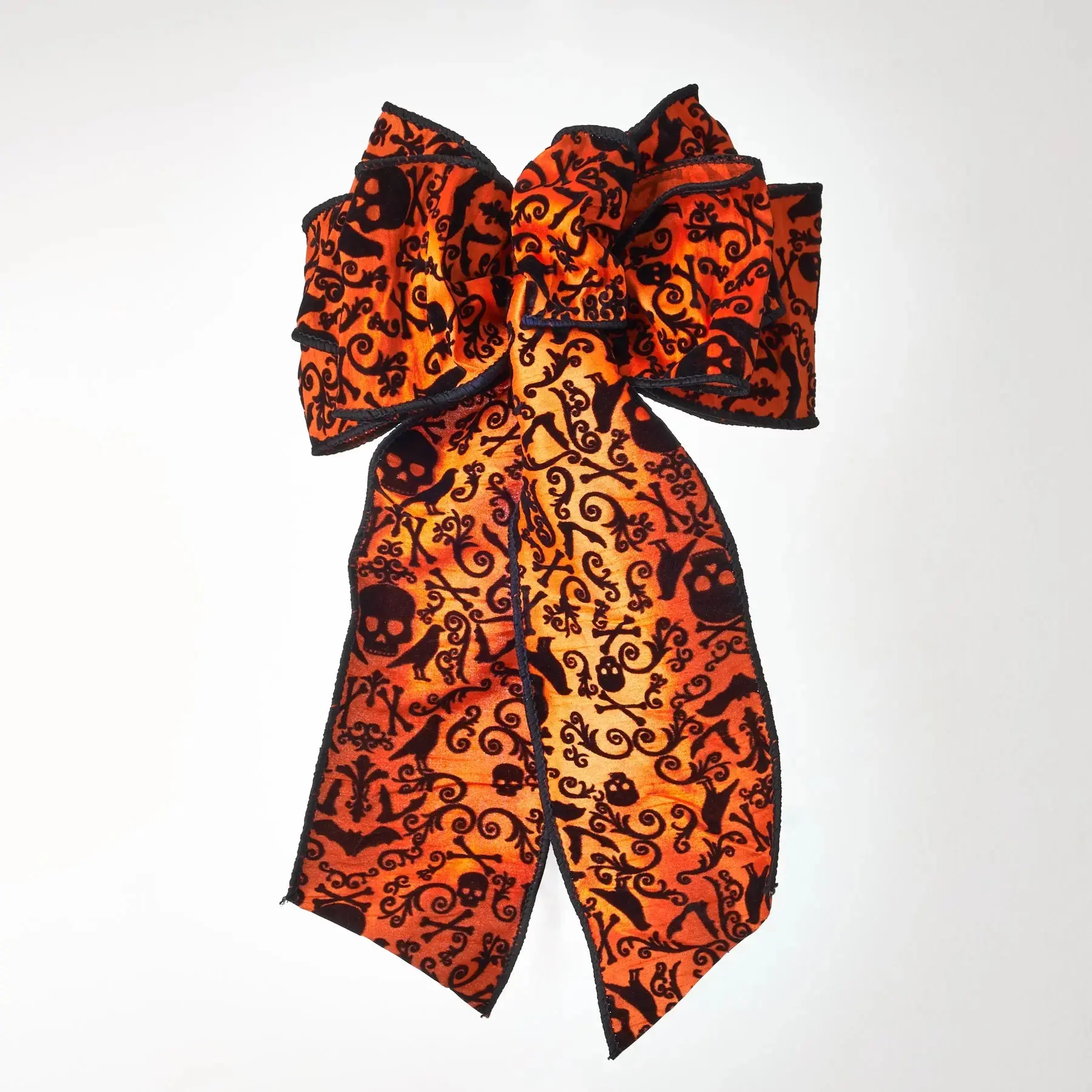 Orange & Black Skull Dupion Flocked Halloween Wired Bow or Spool of Ribbon