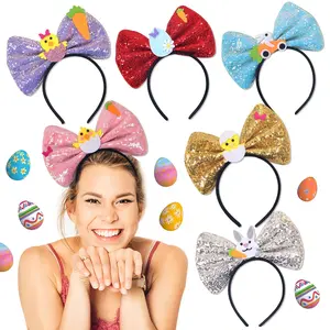 6Pcs Easter Sequins Bow Headband Cartoon Rabbit Easter Egg Headband Spring Easter Holiday Party Decoration Supplies Role-Playing Clothing Accessories Gifts