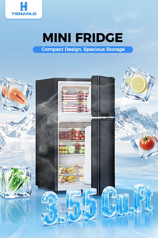 TEHANLD 3.55 Cu.Ft Mini Fridge with Freezer, 2-Door Small Refrigerator with Adjustable Thermostat, Quiet Mini Refrigerator for Bedroom, Dorm & Office (Black)