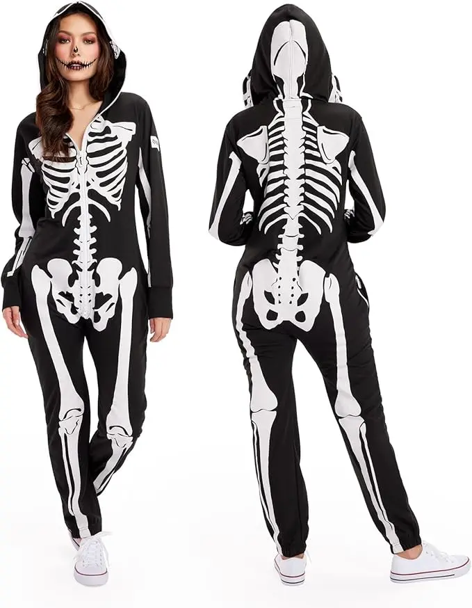 Tipsy Elves Halloween Skeleton Costume for Women - Comfy Easy Adult Onesie Jumpsuit - Front and Back Print with Zip Up Mask