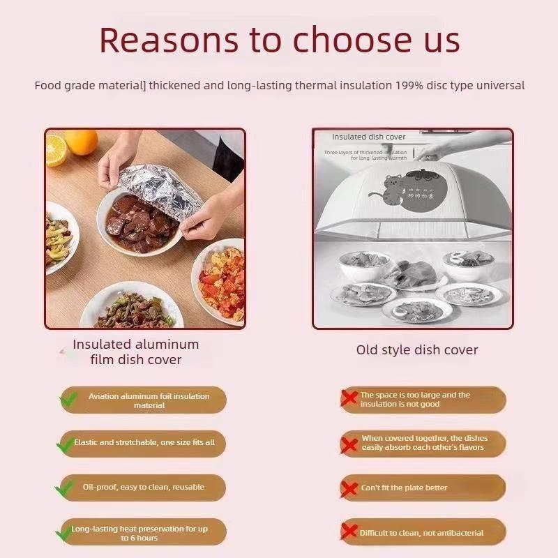 50pcsAluminum foil food warming cover keeps food warm and fresh. High-quality, reusable aluminum foil food cover for the family dining table. Kitchen freshness protector suitable for home and kitchen use.