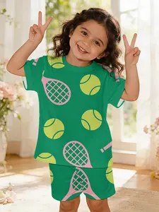 Vibrant Tennis Little Player Baby Girl Set with Digital Printing, 100% Polyester Baby Short Sleeve Set, Cute Casual Outfit for Baby Girls, Suitable for Daily and Outdoor Sports T-shirts, Perfect Gift for Infants