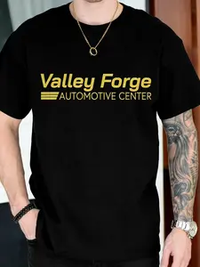 Trendy Black Graphic Streetwear Round Neck T-Shirt for Men, Valley Forge Auto Center Print Top for Car Meetups and Urban Street Style