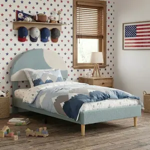 Twin Bed Frame with Upholstered Round Boucle Headboard, Arch-Shaped Design in Soft Blue and White, Modern Kids Bed with Wooden Slats, No Box Spring Required and Easy Assembly