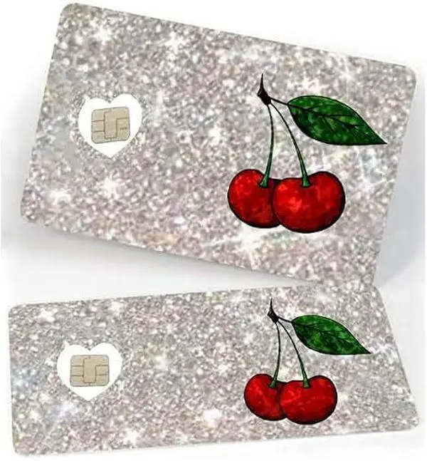 Glitter Cherry Credit Card Skin, Cute Sparkly Fruit Vinyl Sticker, Girly Wallet Card Cover