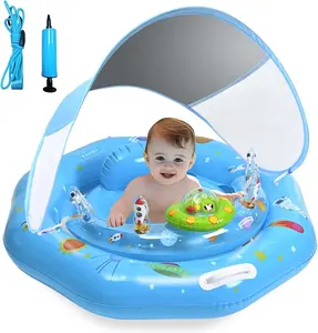 Baby Pool Float with Canopy, Inflatable Baby Swim Float with UPF50+ Sun Protection, Infant Pool Float with Toy Play Console,Safety Handles & Leashes,Adjustable Safety Seat For Toddler Aged 6-36 Months