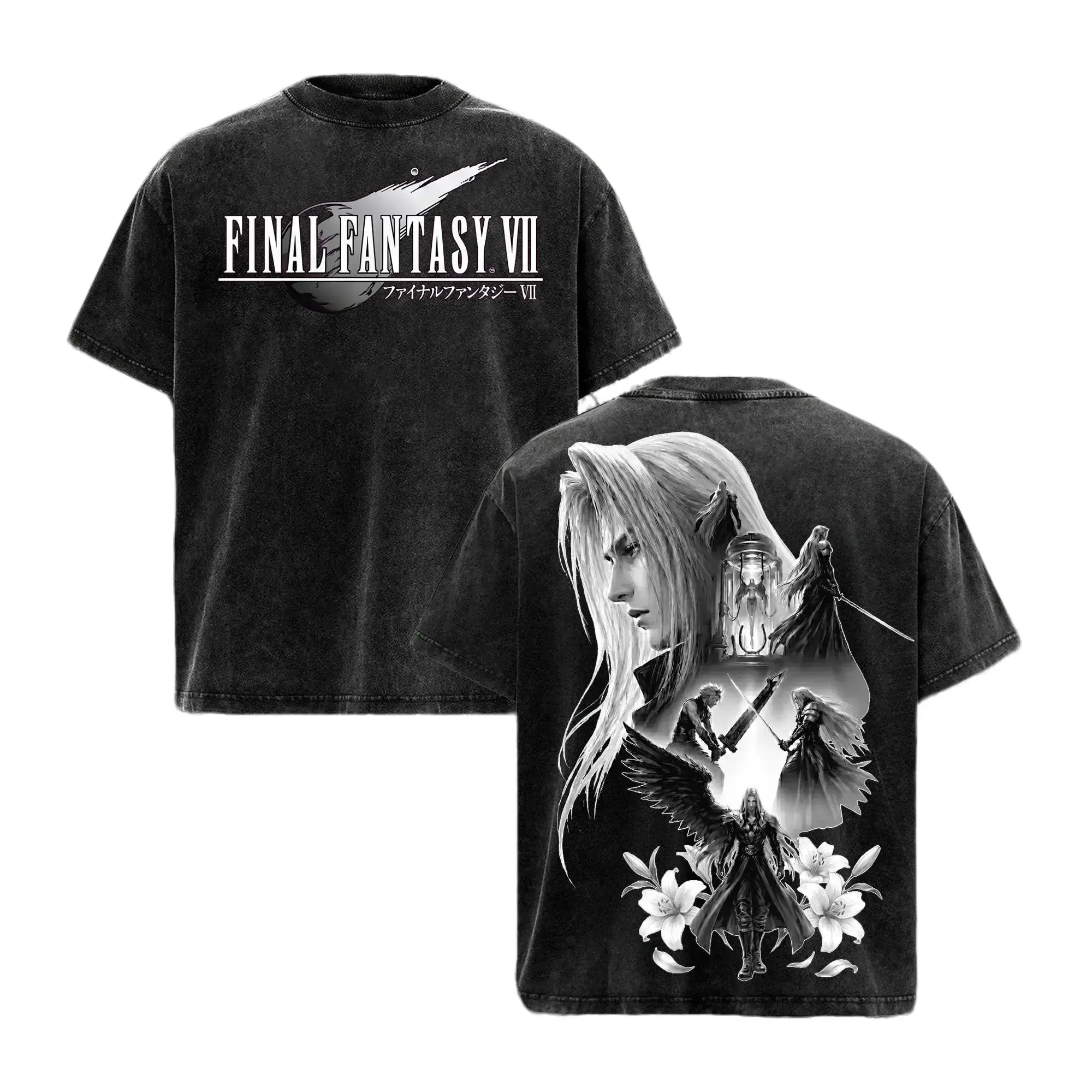 Women's Short-Sleeve Final Fantasy VII Vintage Washed Oversized T-Shirt - Sephiroth/Cloud Strife Graphic, Heavy Cotton, Retro JRPG Merch, Y2K Anime Cosplay Top, Unisex Gamer Streetwear FF7 Rebirth Apparel for Thanksgiving, Easter, Valentines Day Black Aes