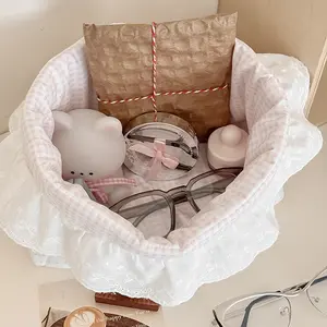 Softened thickened fabric portable foldable travel toiletry bag/organizer, pink sweet cute style, outer polka dot pattern with plaid lining, multifunctional storage pouch