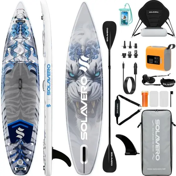 Inflatable Stand Up Paddle Board - Ecofurnix 12'5"×33" Extra Large SUP with Seat, Fishing Compatibility, Bungee Cords, Racing Curved Fin, Stand Up Paddles, Premium Accessories, Anti-Slip EVA Deck, 600lb Capacity for Adults (Lake, River Use), Inflatable St