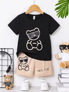 Boys' Summer Casual Fashion Set, Bear & Letter Print Sunglasses Tee & Shorts, Outdoor Sports & Daily Wear, Geometric Pattern, All Seasons