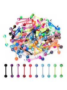 CrazyPiercing 50-100Pcs 14G Acrylic Tongue Rings, Multi Color Assortment Flexible Tongue Rings Barbells Mix Piercing